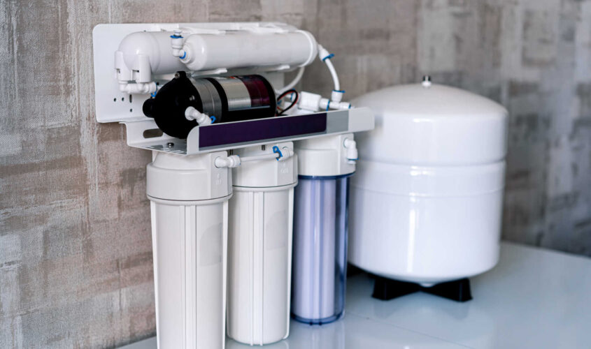 Household filtration system. Water treatment concept. Use of water filters at home. Special technic for home.