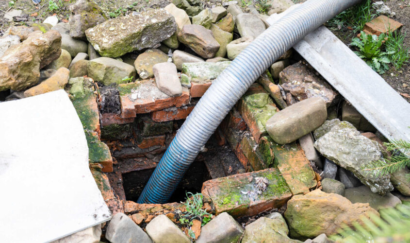 corrugated hose pumping out outdoor septic tank