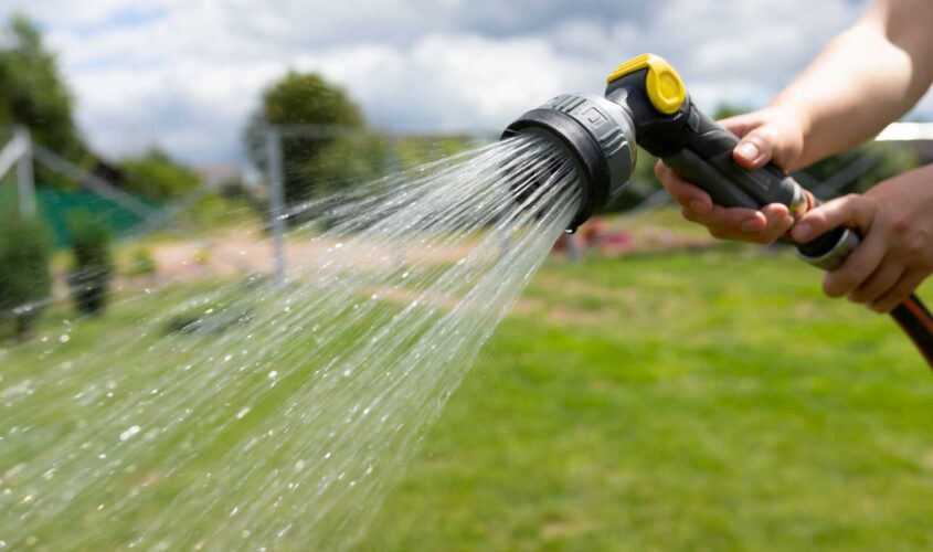 watering the lawn on a hot day with a garden hose with a sprayer